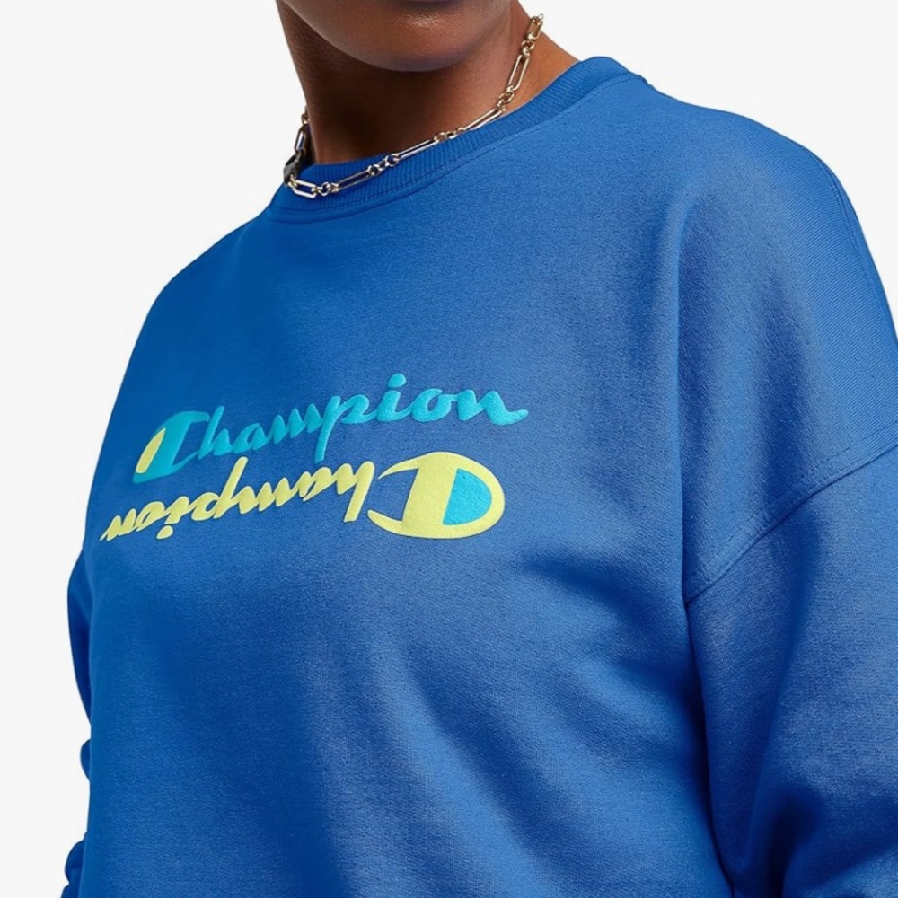 🆕 Champion Women's Powerblend Crew Pullover Mirrored Puff Logo Sweatshirt